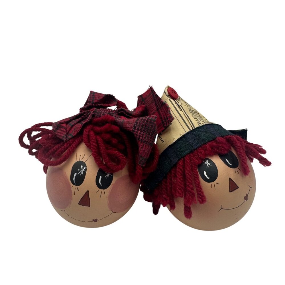 Hand-Painted Raggedy Ann & Andy-Inspired Ornament Set With Yarn Hair